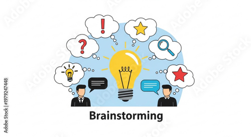 A vector graphic illustration of two businessmen engaged in a brainstorming session with a large lightbulb and thought bubbles.
