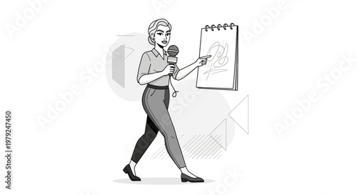 Journalist Woman Reporting News Holding Microphone and Sketchpad with Drawing