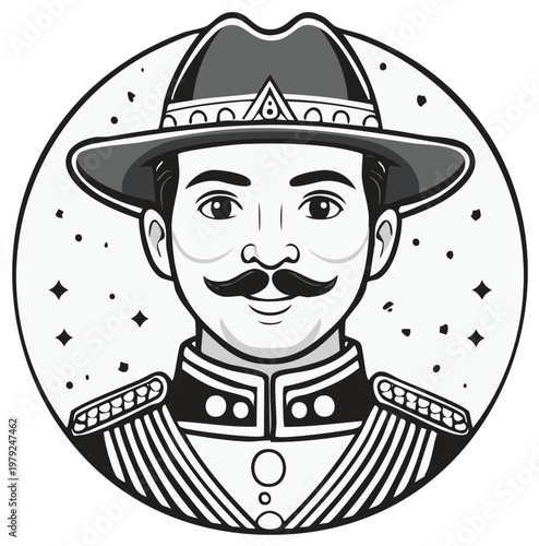 Elegant man with mustache wearing formal uniform and hat monochrome avatar icon