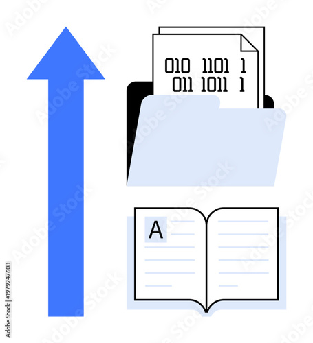 Data management, digital storage, information exchange, cloud technology, education, knowledge. Open folder with binary files and an upward arrow. Data management and digital storage are showcased