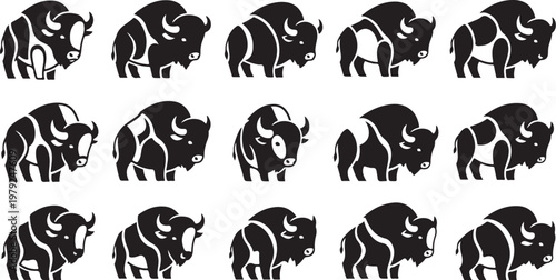 Black and white bison silhouettes in various poses pattern