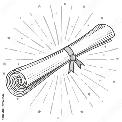 Drawn rolled graduation scroll with ribbon and celebratory starbursts and confetti
