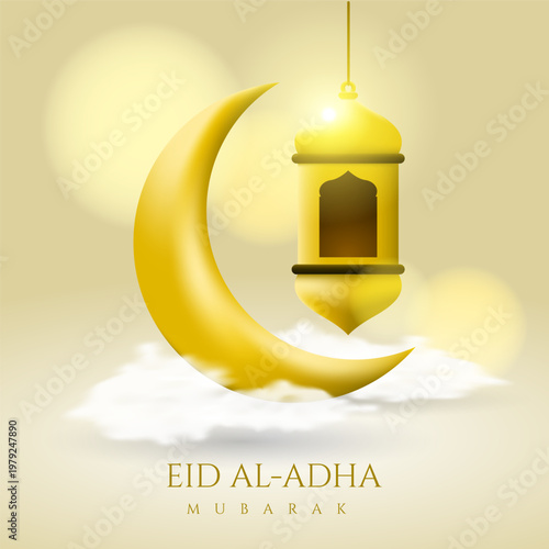 Eid Al-adha mubarak background with golden crescent and lantern