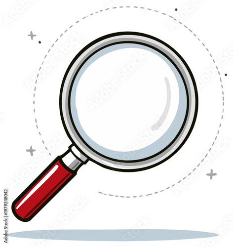 Magnifying glass with red handle for detailed inspection and investigation