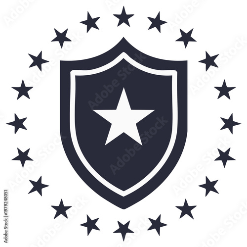 Dark Shield Emblem with Star Surrounded by Stars Symbolizing Security and Protection