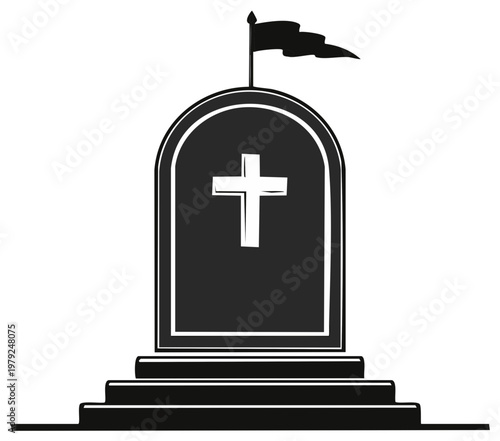 Memorial with Cross and Flag Design: Graphic Tombstone Icon, Remembrance Concept, Vector Illustration