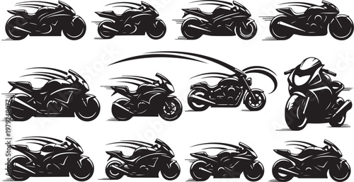 Set of black motorcycle silhouettes in various dynamic poses and angles