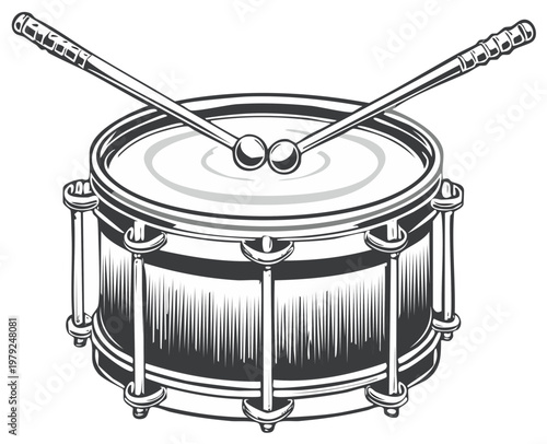 Drum and Drumsticks Ready for Performance, Musical Instrument Illustration