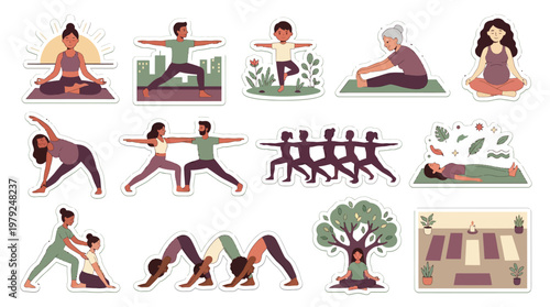 Diverse individuals practicing various yoga poses and meditation for wellness.