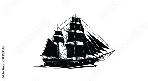 A detailed black silhouette of a majestic sailing ship with full sails evoking a historical maritime scene silhouette high quality professional