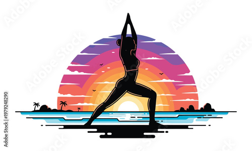 Woman practicing yoga warrior pose on beach during colorful sunset.