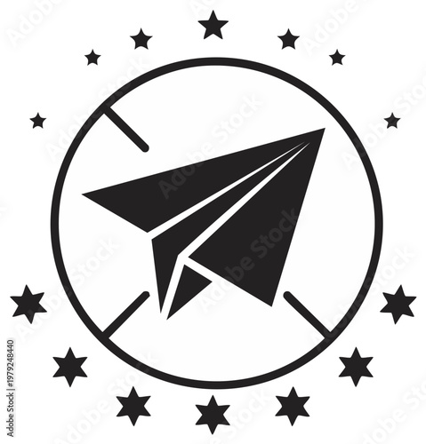 Paper airplane soars through a star-studded circle, embodying flight, aspiration, dreams, and global communication.