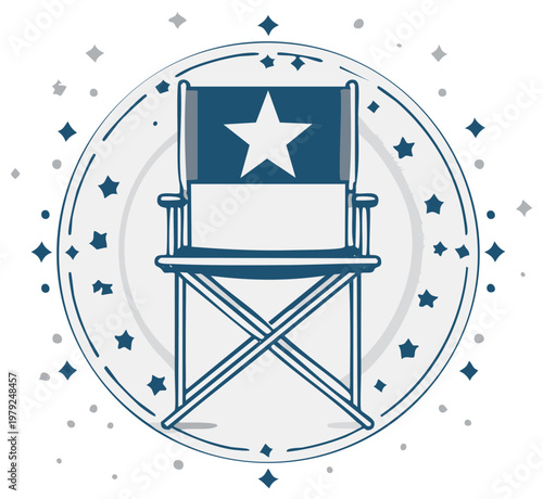 Minimalist director's chair with star icon in circular frame surrounded by decorative stars ideal for film concepts