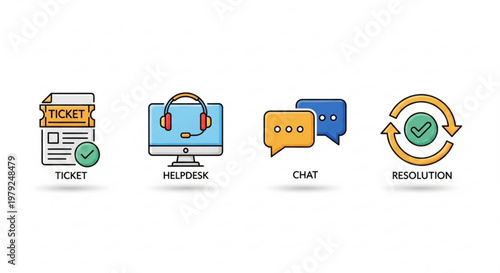 A set of colorful customer support icons including ticket, helpdesk, chat, and resolution symbols in a flat, minimal design style.