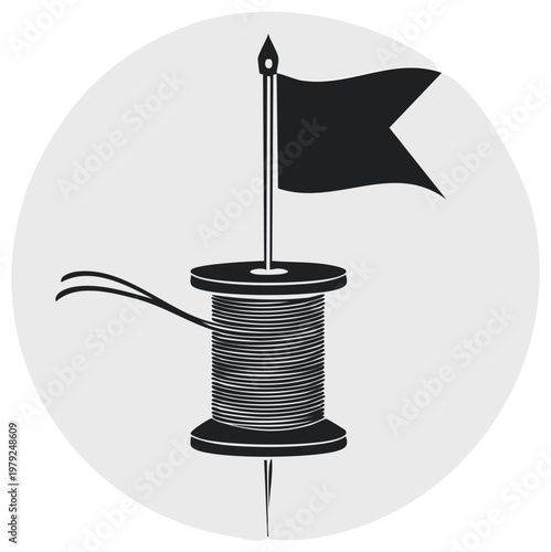 Sewing needle with thread and a flag, symbolizing progress and crafting