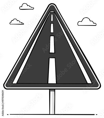 Road ahead warning sign with clouds and sky illustration