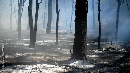 Burnt forest after wildfire with smoke haze and sunlight rays