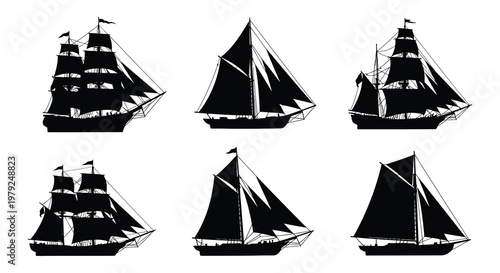 A collection of detailed black ship designs showcasing various sailing vessels in a striking silhouette high quality professional modern elegant stylish