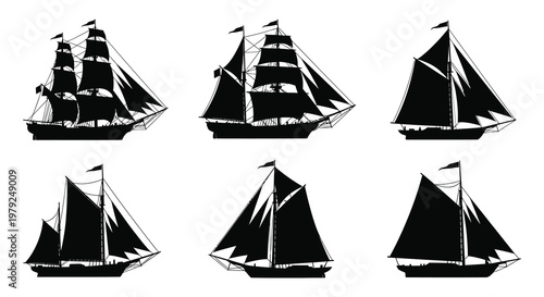A collection of detailed sailing ship illustrations in a striking black silhouette high quality professional modern elegant stylish clean crisp vibrant