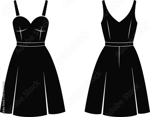 Black Silhouette Fashion Illustration of Spaghetti Strap Bustier Dress and V-Neck Sleeveless Dress with Belt Front and Back View Vector Flat Sketch for Clothing Design