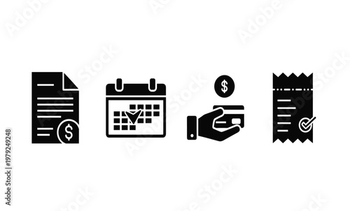 Financial documents and payment icons.
