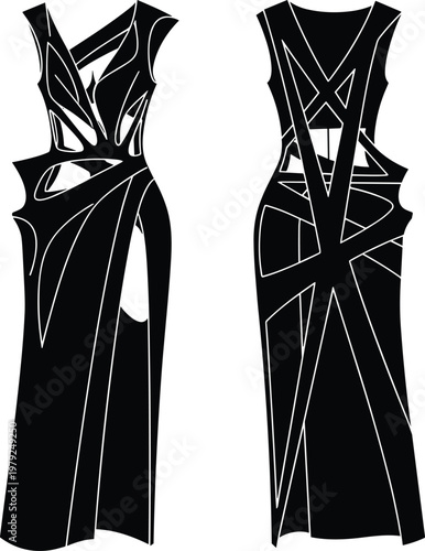 Black Silhouette Fashion Illustration of Avant-Garde Cut-Out Long Dress with Intricate Strappy and Geometric Details Front and Back View Vector Flat Sketch