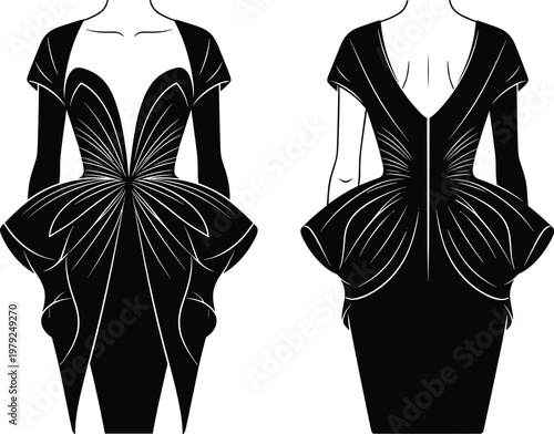 Black Silhouette Fashion Illustration of Avant-Garde Cut-Out Long Dress with Intricate Strappy and Geometric Details Front and Back View Vector Flat Sketch