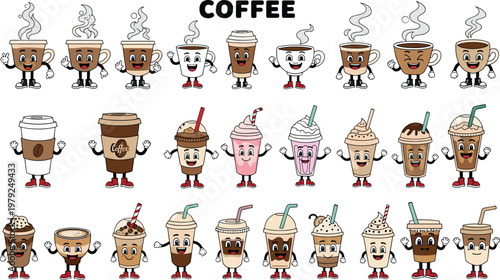 Set of Cute Coffee Cup Characters with Different Expressions and Styles for Coffee and Beverage Designs