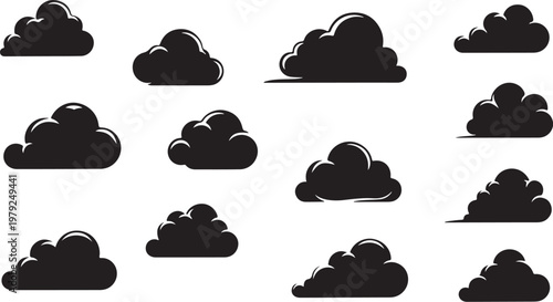 Collection of various black cloud shapes on white background