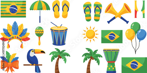 Set of Brazilian-Themed Icons Including Flags, Drums, Palm Trees, Sunglasses, and Carnival Elements for Cultural and Travel Designs