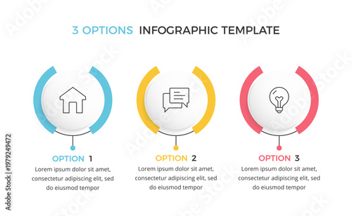 Infographic template with three circular elements arranged in a row, three step process or four options
