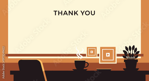 Desk with chair and coffee cup.