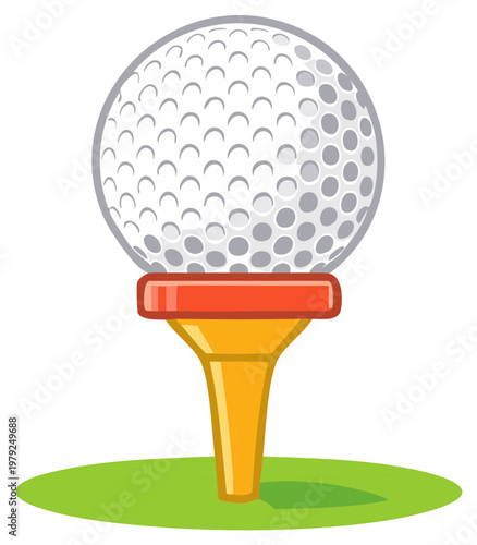 Golf ball on tee illustration; sport icon with dimples on white field.
