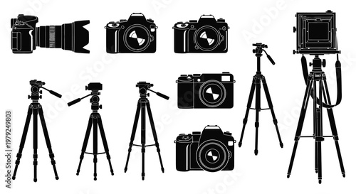A collection of vintage and modern cameras and tripods depicted in a stark black silhouette high quality professional detailed elegant stylish