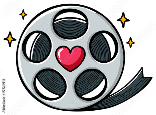 Film reel with heart and stars, movie concept, cinema love, retro entertainment style