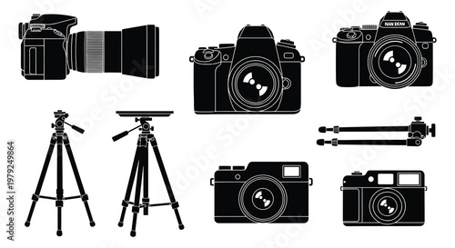 A collection of black silhouettes depicting various camera models tripods and photographic equipment silhouette high quality professional detailed modern elegant stylish