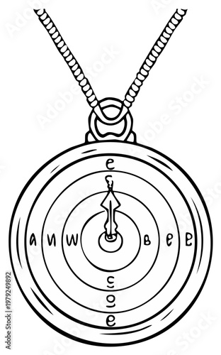 Minimalist line art illustration of a circular locket pendant on a chain with a directional arrow and abstract symbols.
