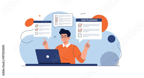 Man planning tasks on laptop with to-do lists, project management concept
