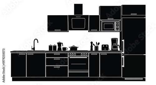 A modern kitchen design featuring dark cabinetry appliances and a sink all rendered in a stark silhouette high quality professional detailed