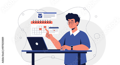 Man Planning Schedule Online with Laptop and Calendar, Time Management Concept