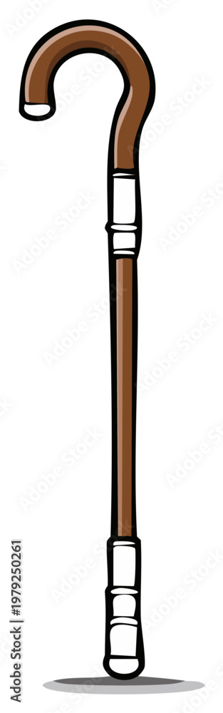 Obraz premium Classic Brown Wooden Walking Cane with Silver Bands and Hook Handle