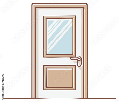 Simple illustration of a white interior door with a glass pane and handle