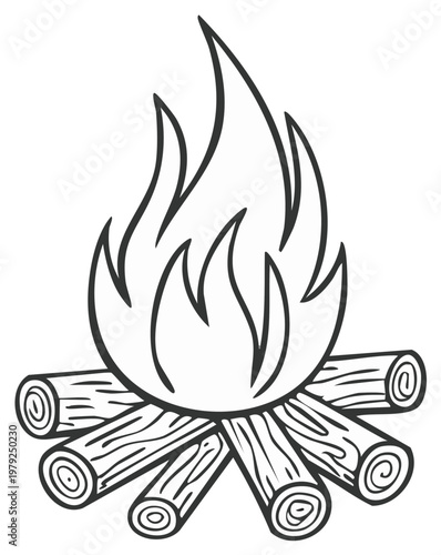 Stylized Outline Illustration of a Campfire with Flames and Logs