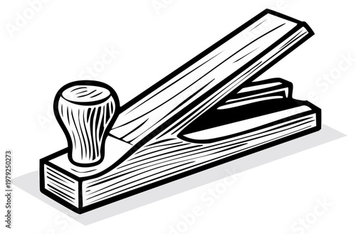 Vintage woodworking hand plane tool black and white graphic illustration. Traditional carpentry equipment icon.