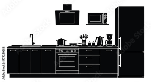 A minimalist kitchen arrangement featuring appliances cabinetry and a sink presented in stark black silhouette high quality professional detailed modern elegant