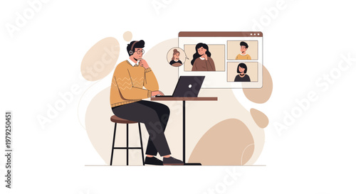 Man on Video Call with Colleagues, Remote Work Concept