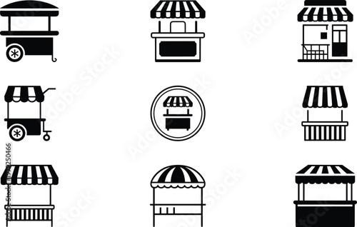 Street food cart and market stall icon set vector collection for retail shops, kiosks and vendors