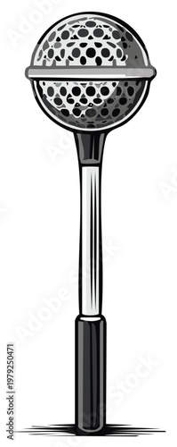 Black and white graphic illustration of a mesh tea infuser for hot beverage preparation