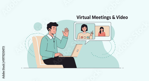 Man on video call with colleagues, virtual meeting, remote work, online communication