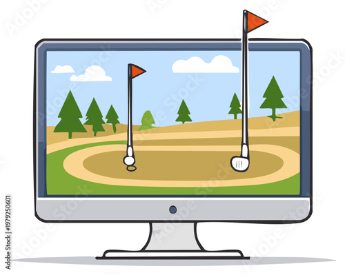 Golf game displayed on computer monitor with green course illustration and fairway trees backdrop